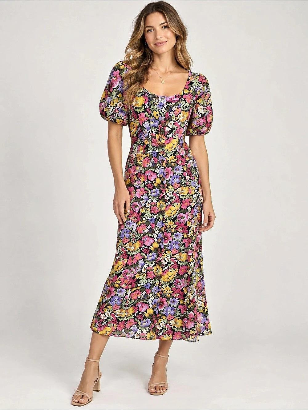 VINTAGE Camilla Floral Midi Dress in Black & Pink Size 18